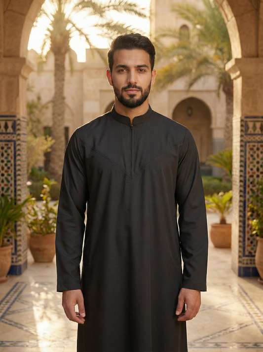 Mens Collar Omani Thobe - Full Sleeves - Black