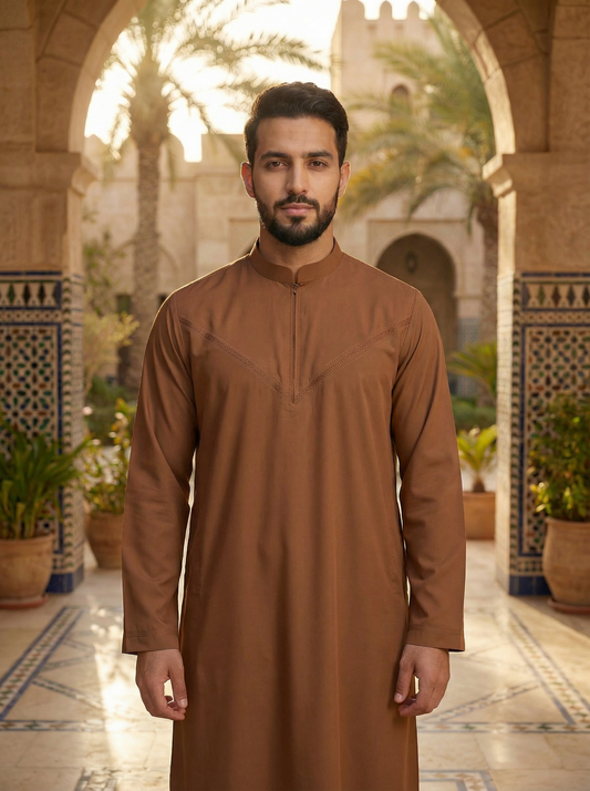 Mens Collar Omani Thobe - Full Sleeves - Brown