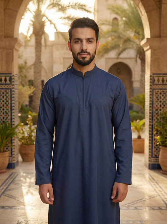 Mens Collar Omani Thobe - Full Sleeves - Navy Blue