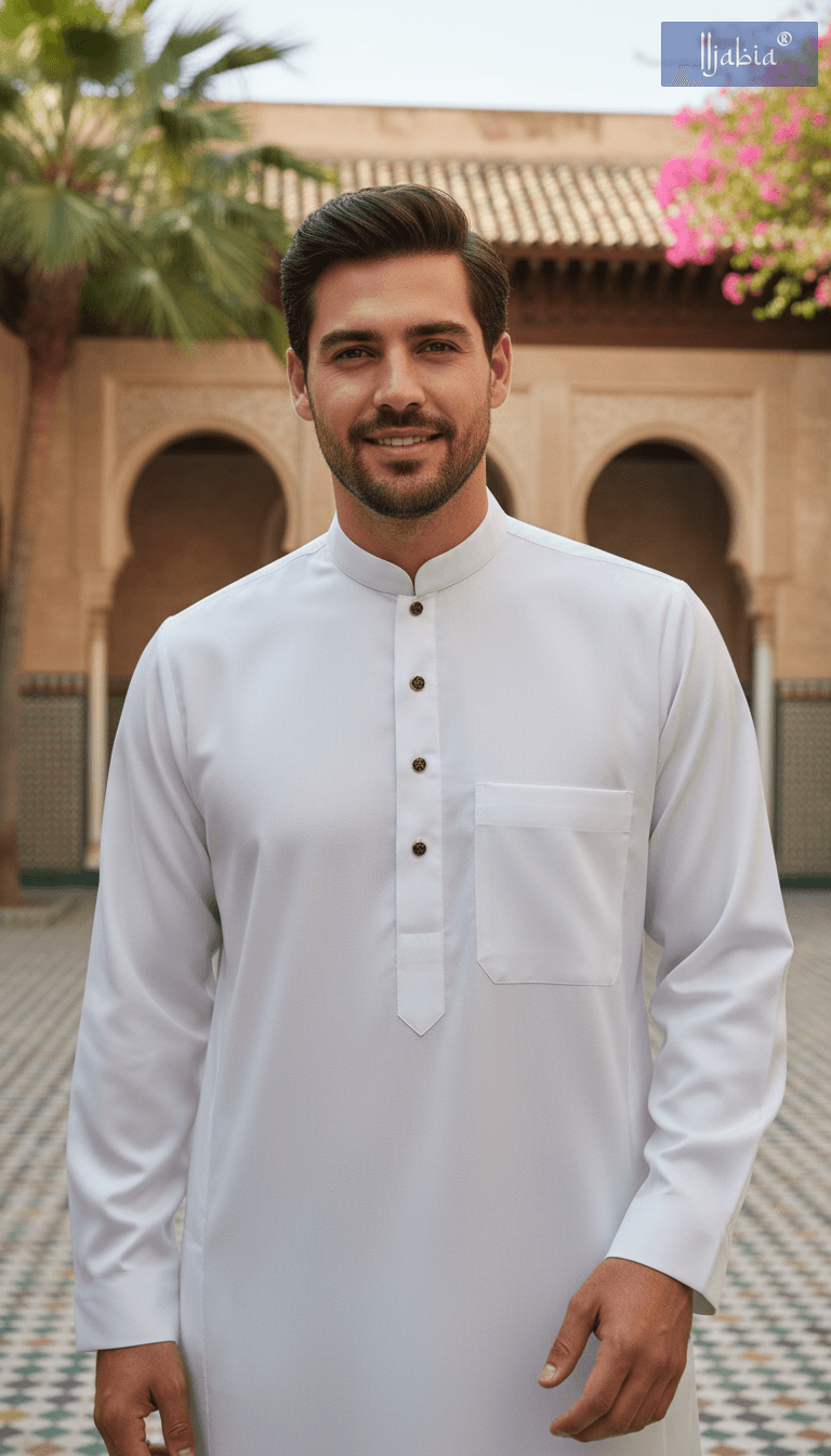 Saudi Collar Thobe - Premium TR Fabric - White