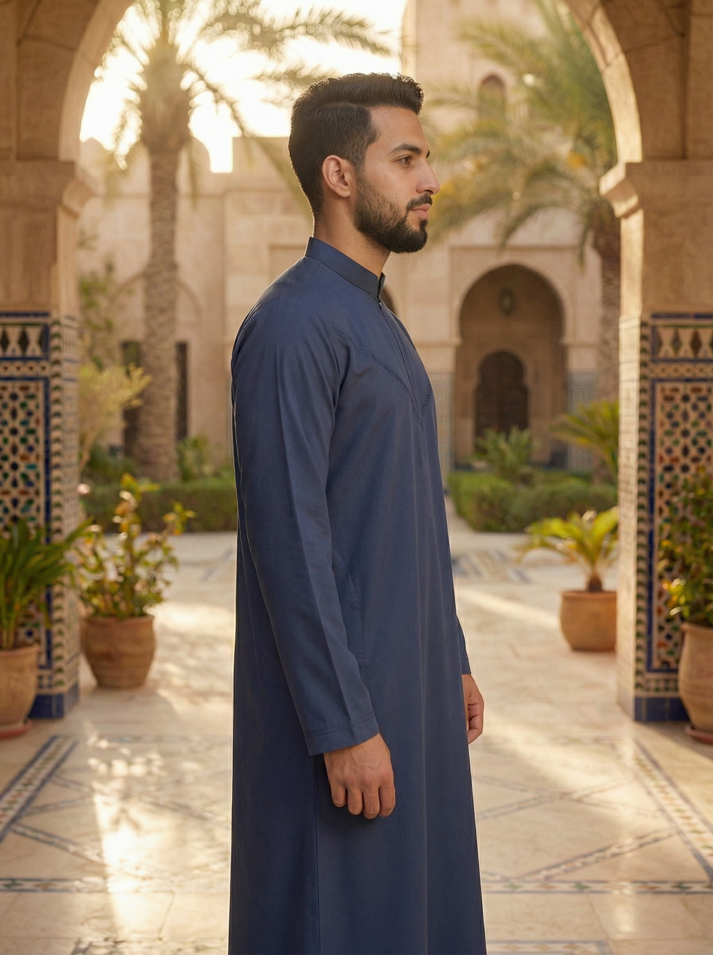 Mens Collar Omani Thobe - Full Sleeves - Navy Blue