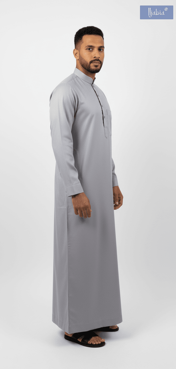 Saudi Collar Thobe - Premium TR Fabric - Grey