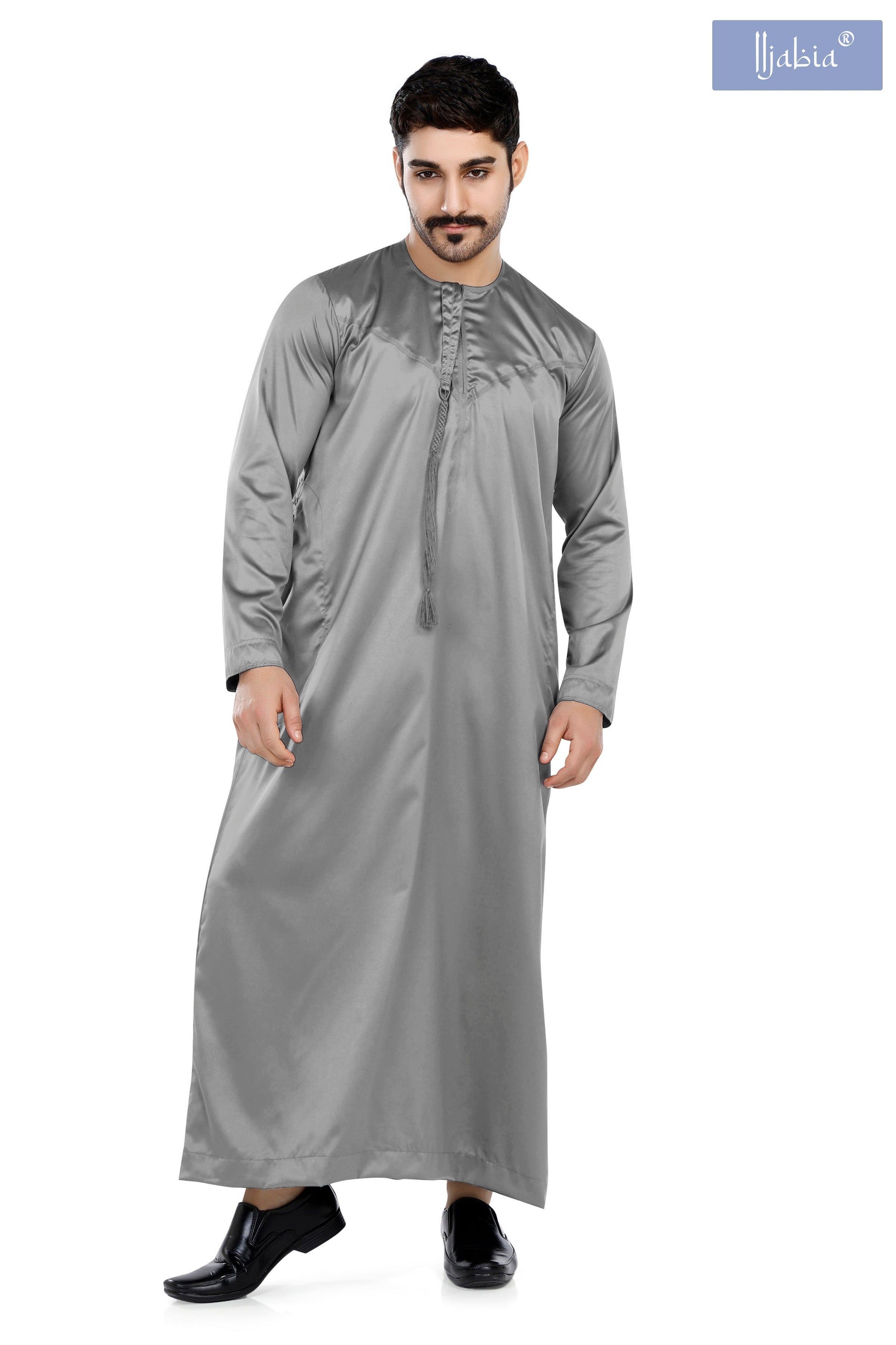 Indian Shiny Fabric Emirati Mens Omani Thobe - Full Sleeves - Grey - IIJABIA