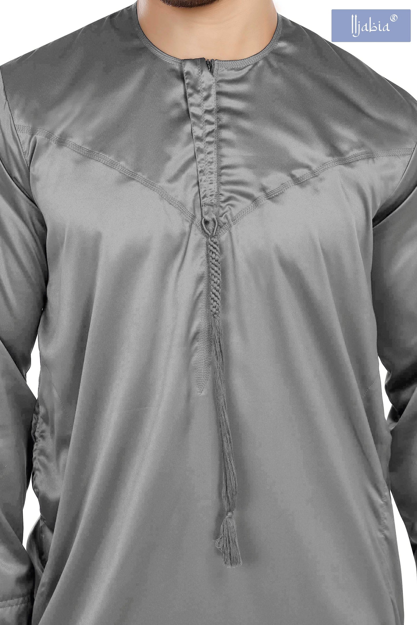 Indian Shiny Fabric Emirati Mens Omani Thobe - Full Sleeves - Grey - IIJABIA