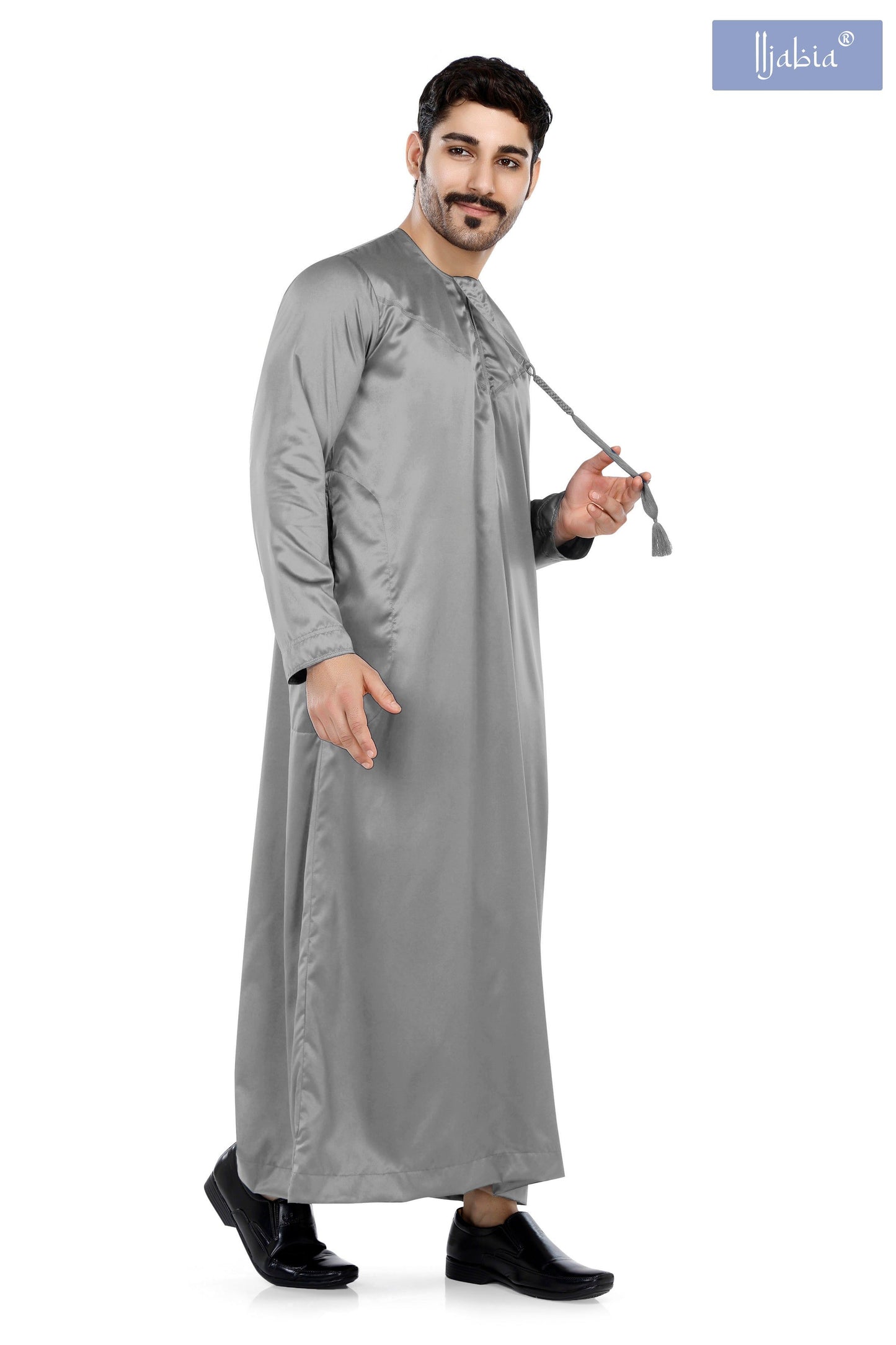 Indian Shiny Fabric Emirati Mens Omani Thobe - Full Sleeves - Grey - IIJABIA