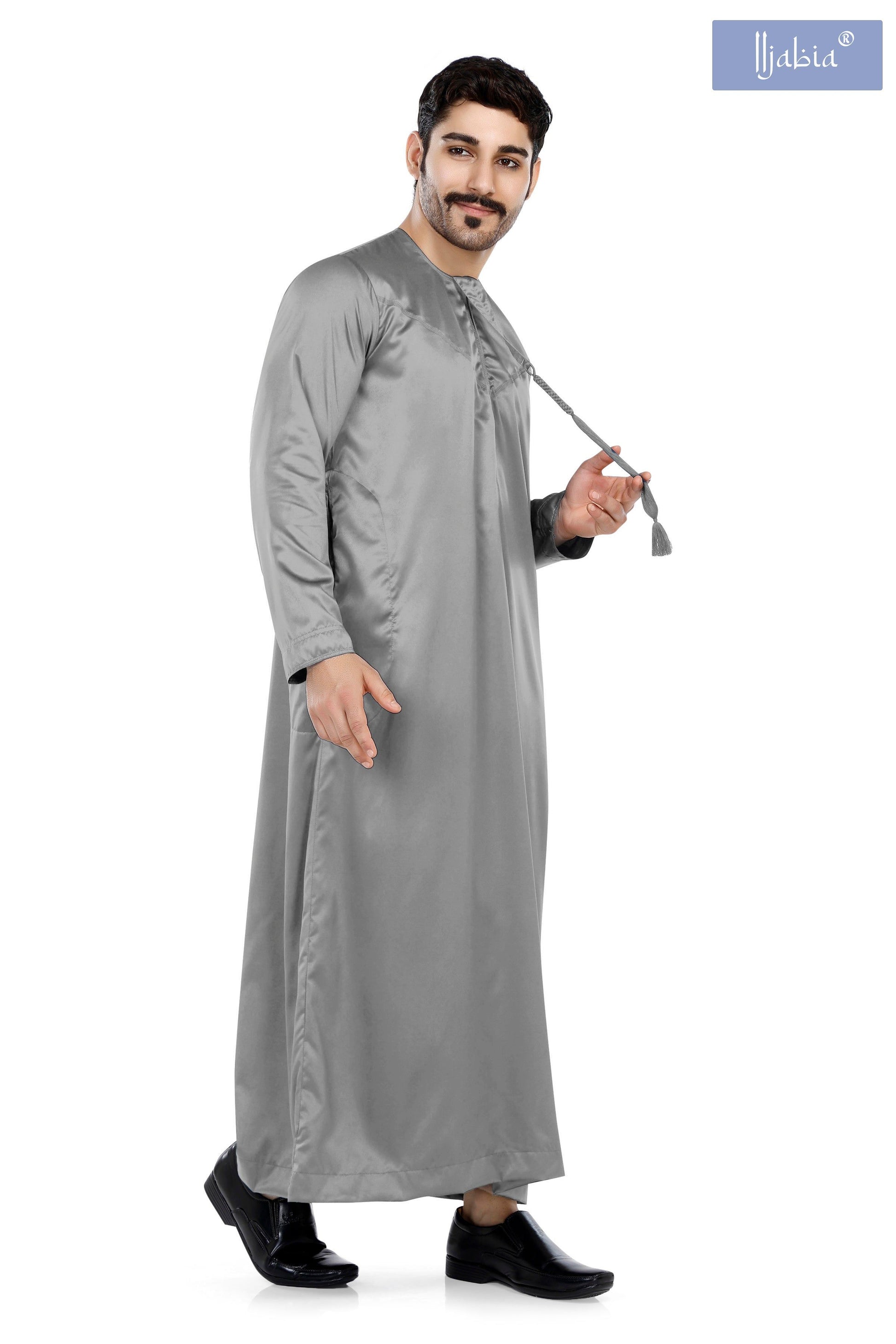 Indian Shiny Fabric Emirati Mens Omani Thobe - Full Sleeves - Grey - IIJABIA