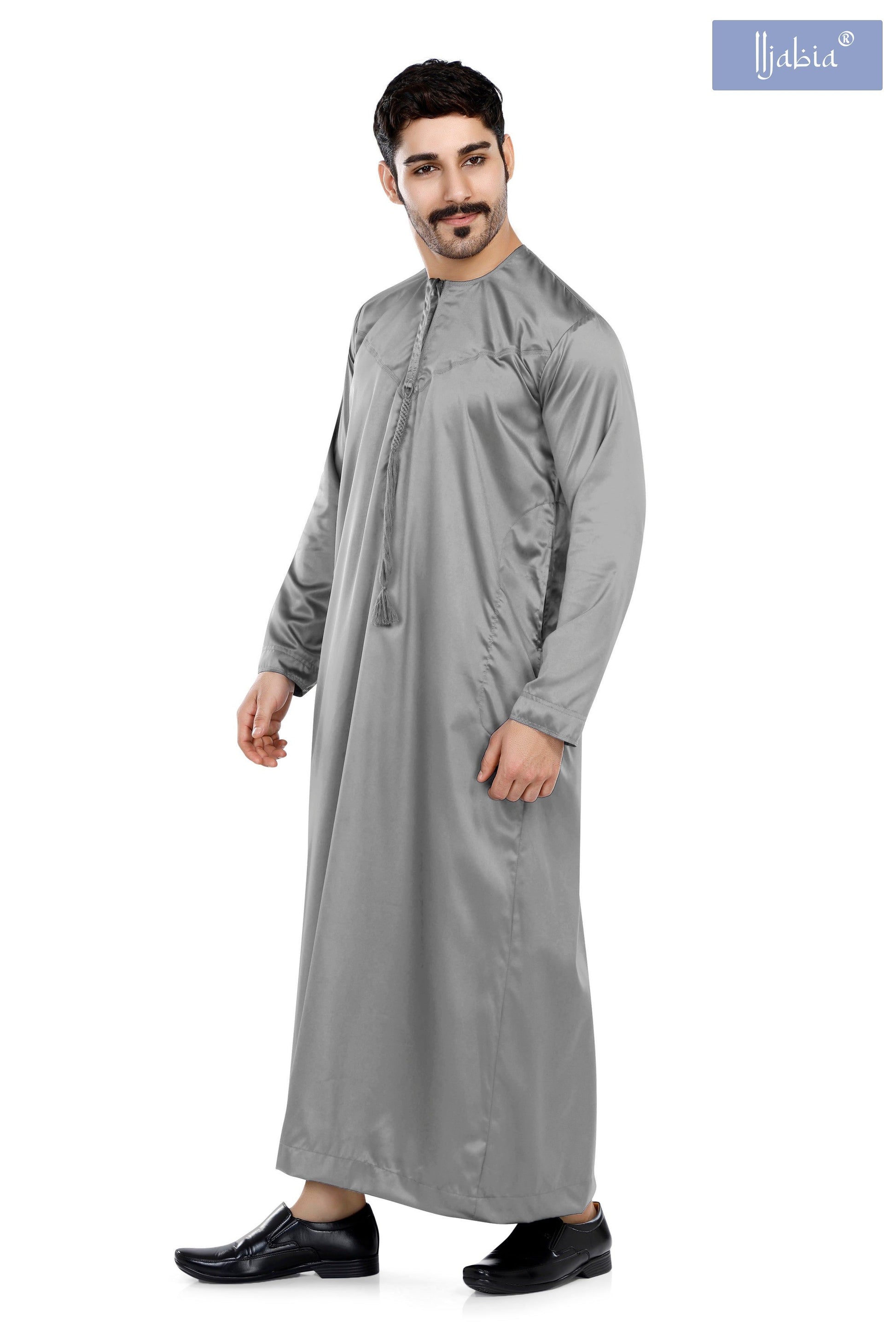 Indian Shiny Fabric Emirati Mens Omani Thobe - Full Sleeves - Grey - IIJABIA
