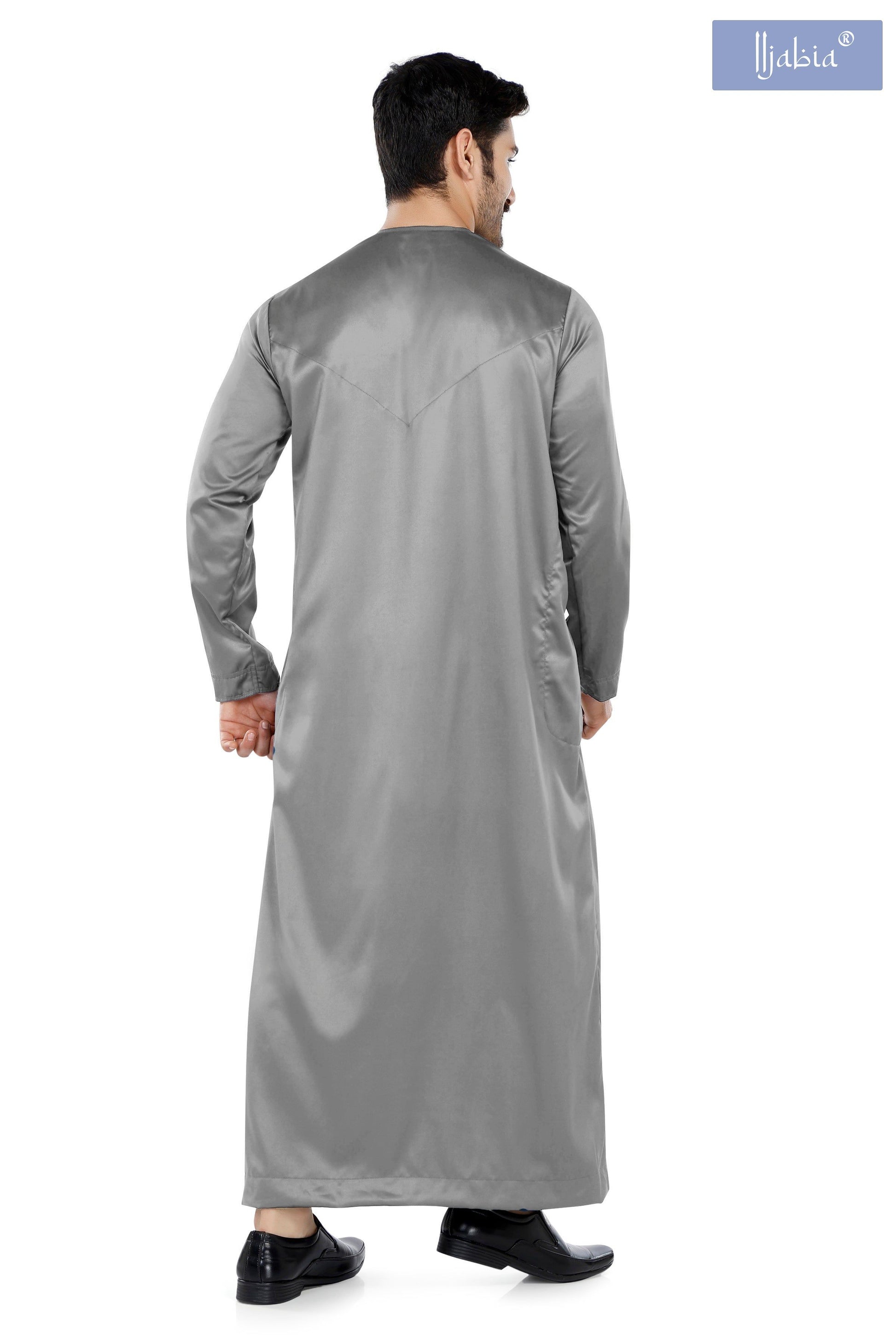 Indian Shiny Fabric Emirati Mens Omani Thobe - Full Sleeves - Grey - IIJABIA