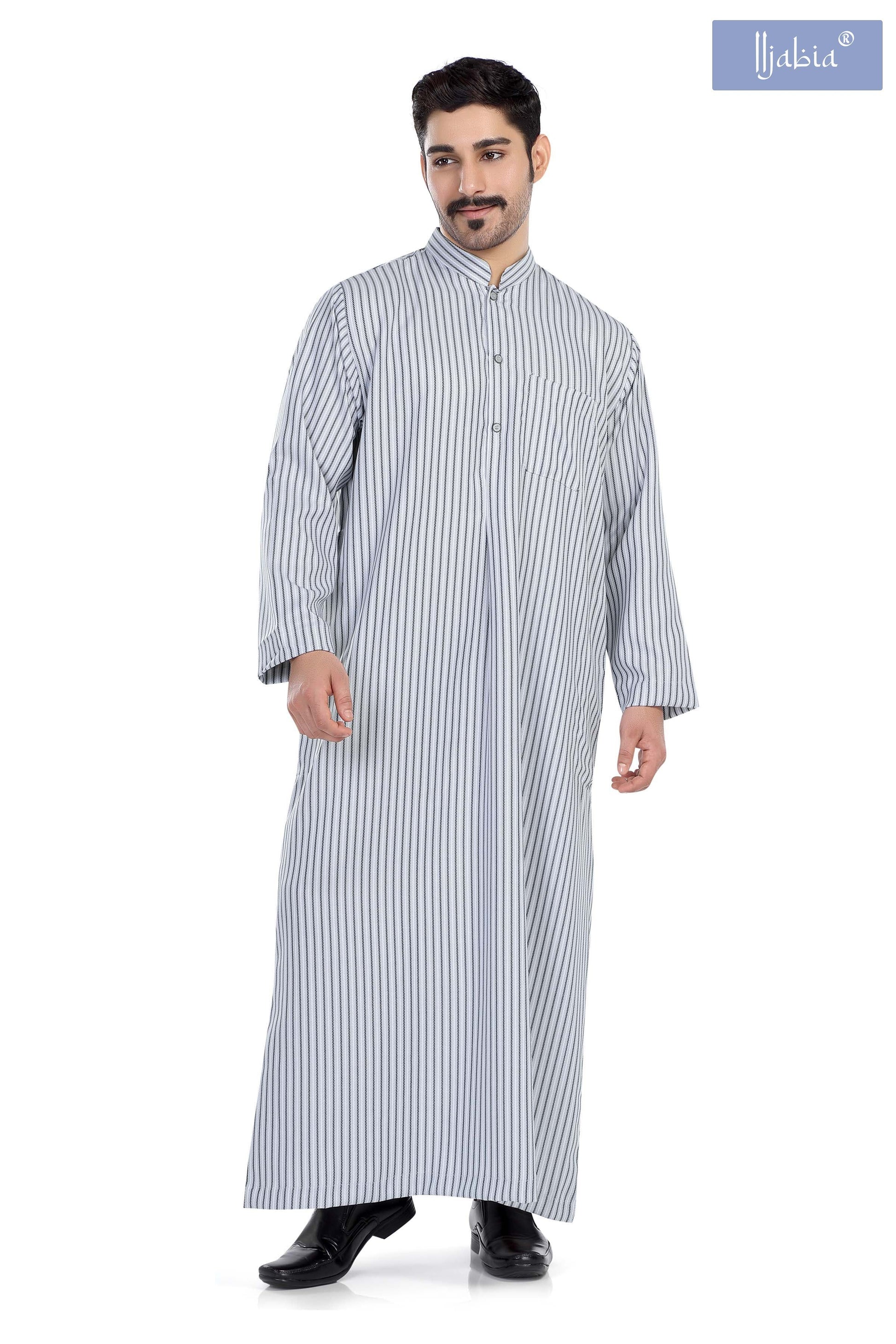 Kuwaiti Collar Mens Thobe - Full Sleeves Stripes - THST - Light Grey(International Saudi Size) - IIJABIA