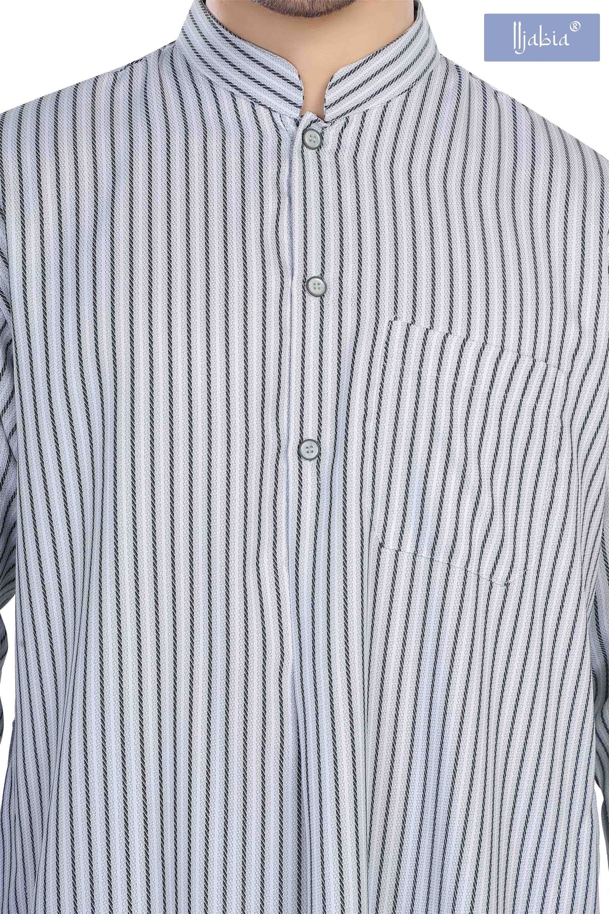 Kuwaiti Collar Mens Thobe - Full Sleeves Stripes - THST - Light Grey(International Saudi Size) - IIJABIA