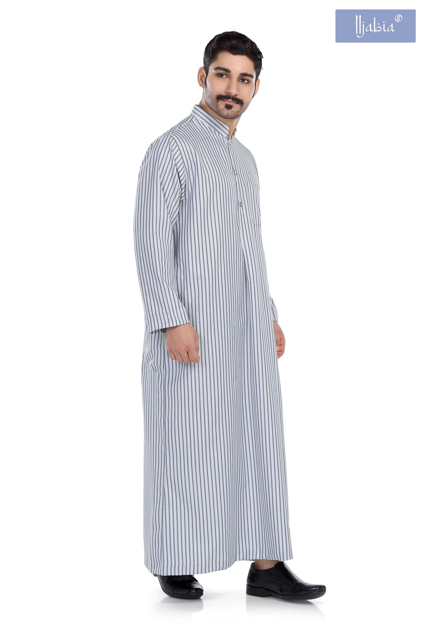 Kuwaiti Collar Mens Thobe - Full Sleeves Stripes - THST - Light Grey(International Saudi Size) - IIJABIA