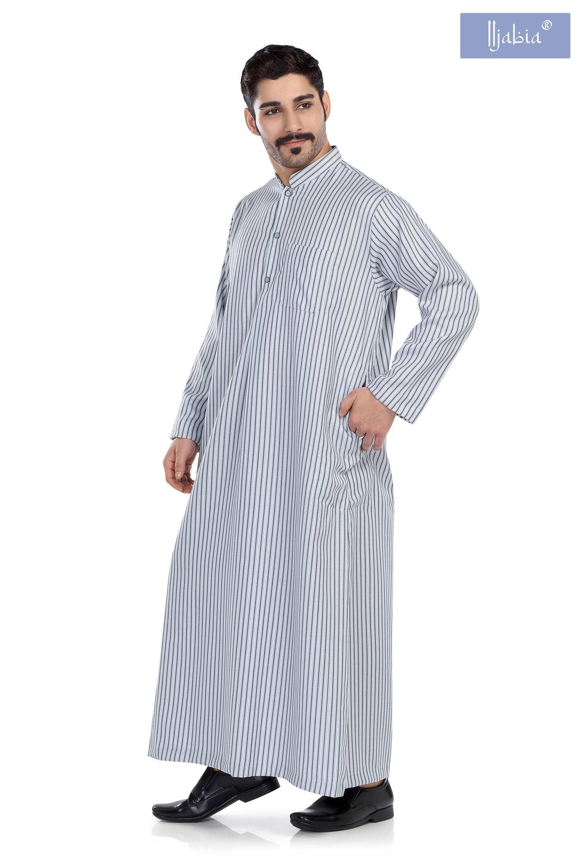 Kuwaiti Collar Mens Thobe - Full Sleeves Stripes - THST - Light Grey(International Saudi Size) - IIJABIA