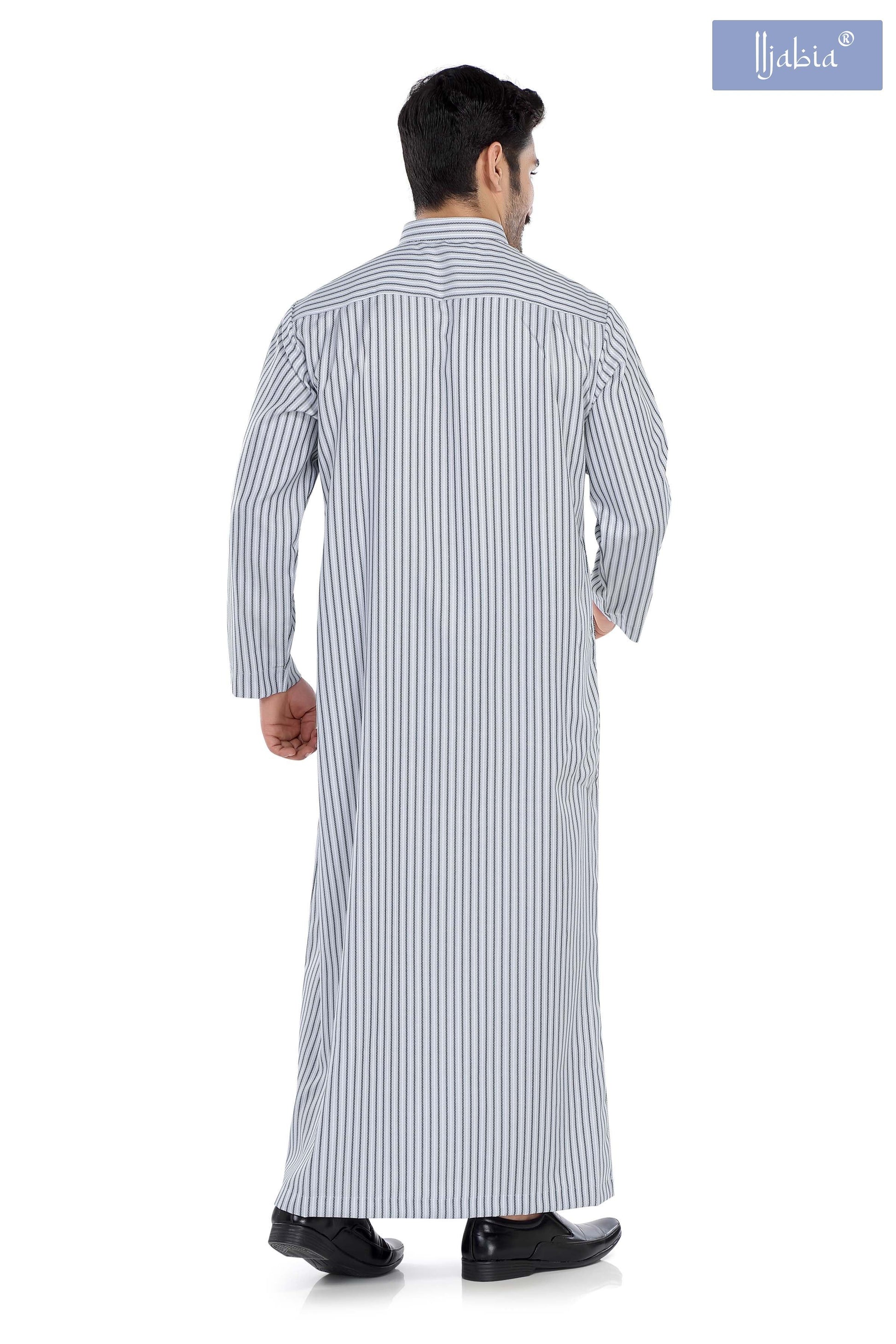 Kuwaiti Collar Mens Thobe - Full Sleeves Stripes - THST - Light Grey(International Saudi Size) - IIJABIA
