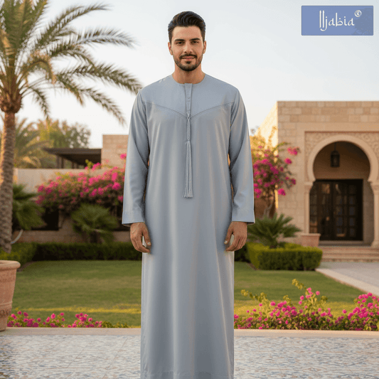Emirati Mens Omani Thobe - (Embroidery Design 1) - Light Grey