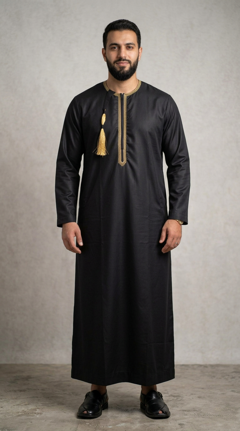 Taj Omani Thobe Full Sleeves - Mens - (Design 1) - Black