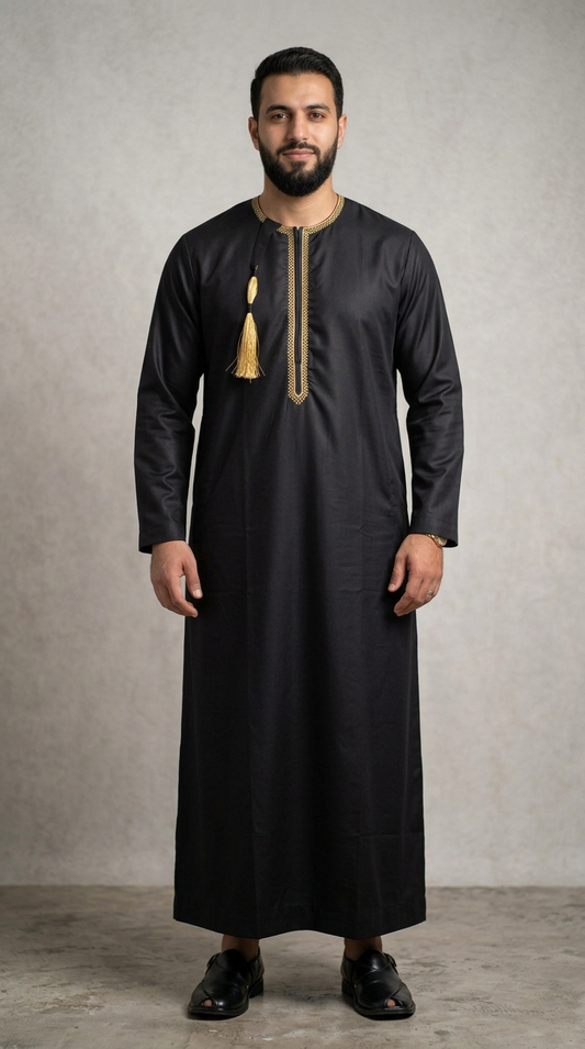 Taj Omani Thobe Full Sleeves - Mens - (Design 1) - Black