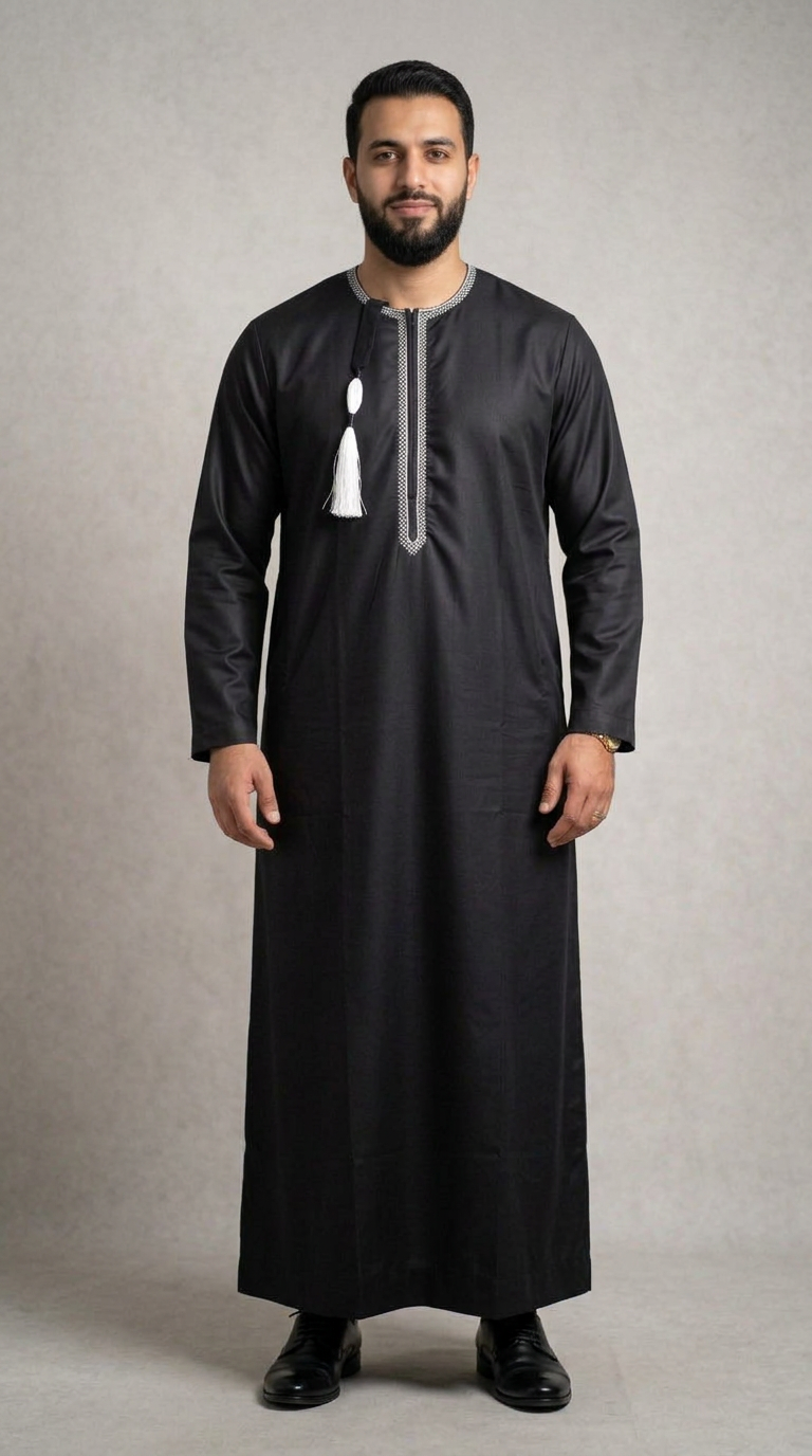 Taj Omani Thobe Full Sleeves - Mens - (Design 2) - Black