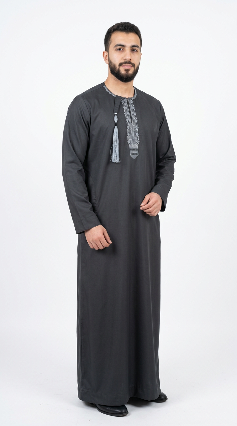 Taj Omani Embroidery Thobe Full Sleeves - Mens - Black
