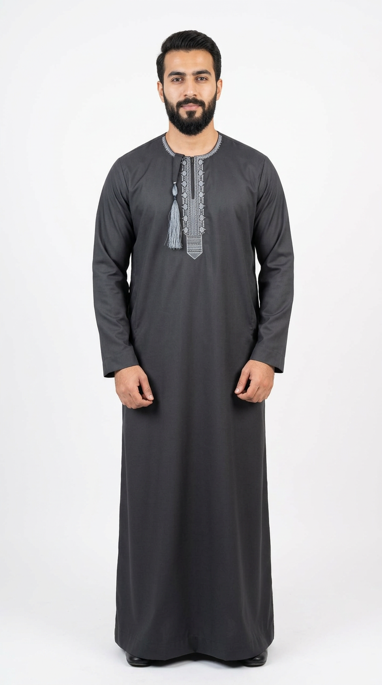 Taj Omani Embroidery Thobe Full Sleeves - Mens - Black