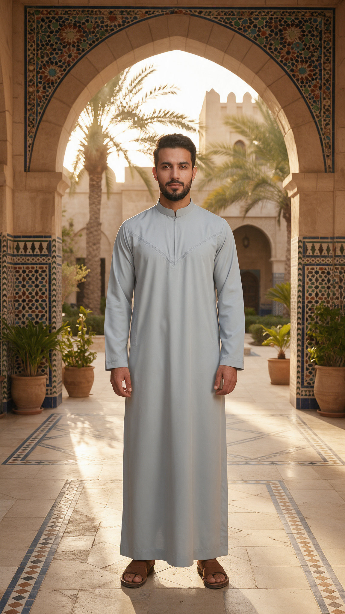 Mens Collar Omani Thobe - Full Sleeves - Light Grey