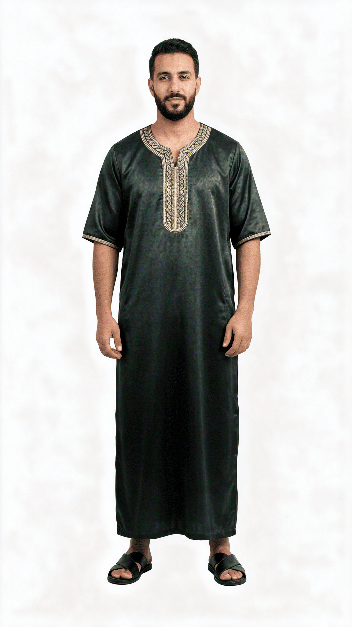 Indian Shiny Fabric Morocco Thobe - 3/4 Sleeves - Best - Black  (Design 2)
