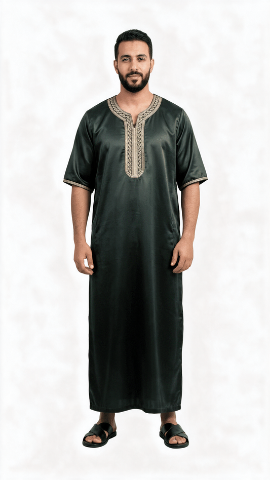 Indian Shiny Fabric Morocco Thobe - 3/4 Sleeves - Best - Black  (Design 2)