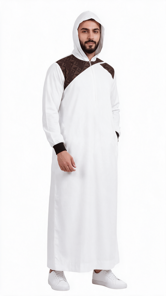 Imported Vietnam Shiny Fabric Mens Hood Thobe - Full Sleeves - White