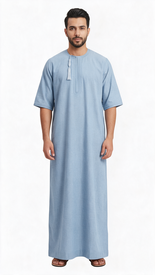 Taj Omani Thobe - 3/4 Sleeves - Sky Blue Design 3