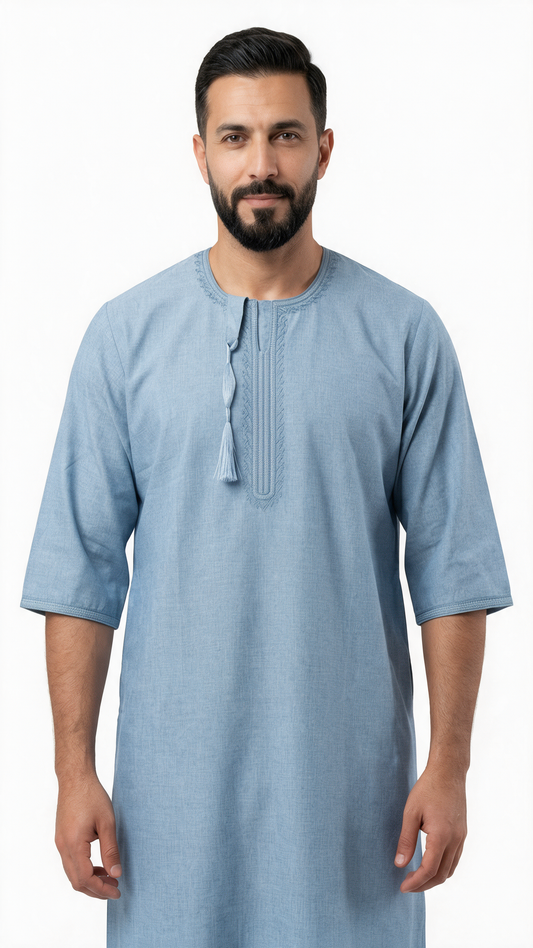 Taj Omani Thobe - 3/4 Sleeves - Sky Blue Design 2