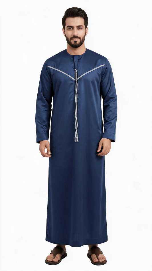 Emirati Mens Omani Thobe - Indian Shiny - Contrast￼ embroidery - Navy Blue