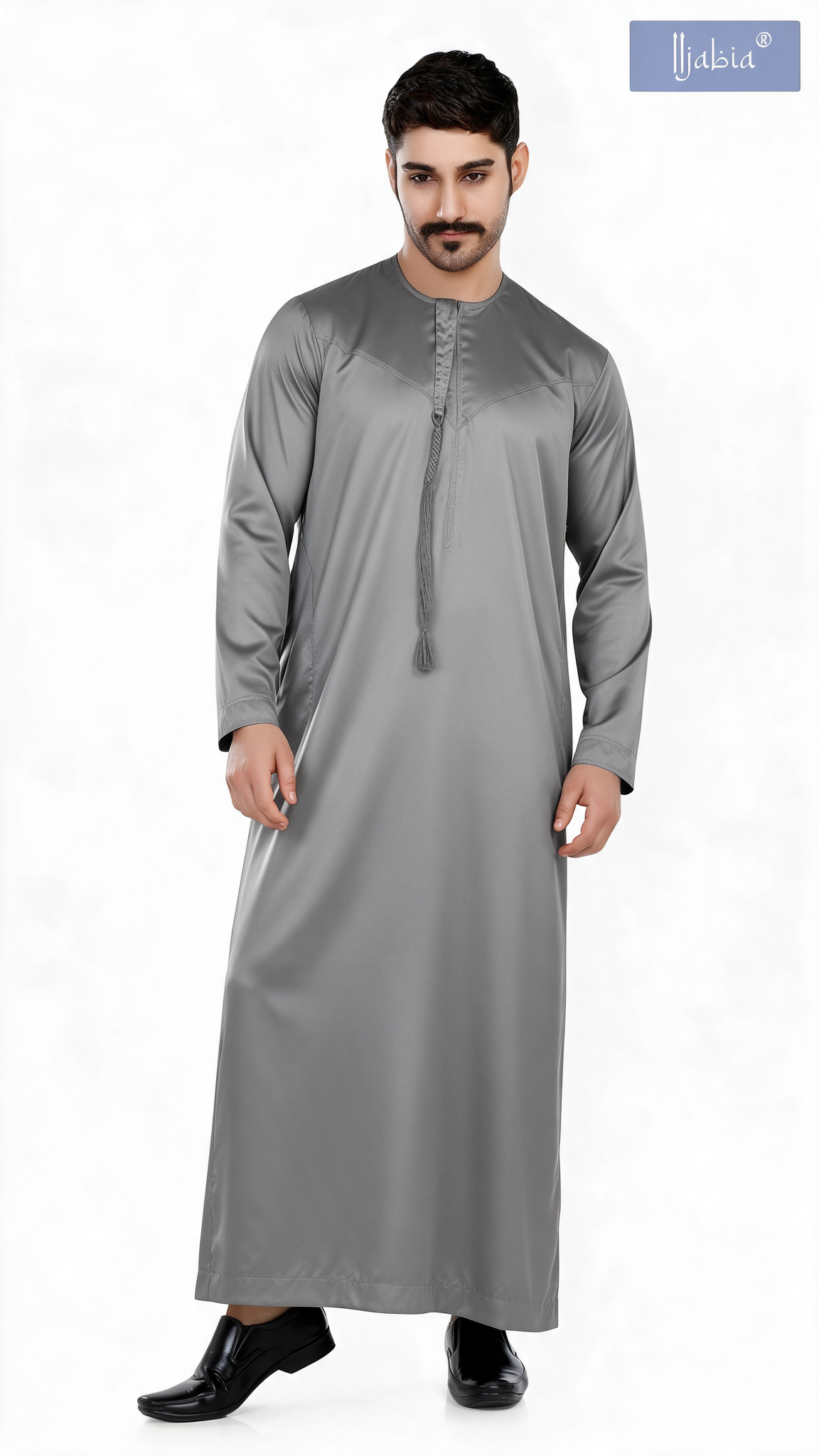 Indian Shiny Fabric Emirati Mens Omani Thobe - Full Sleeves - Grey