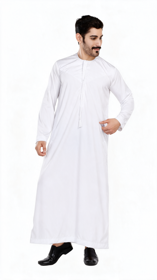 Indian Shiny Fabric Emirati Mens Omani Thobe - Full Sleeves - White