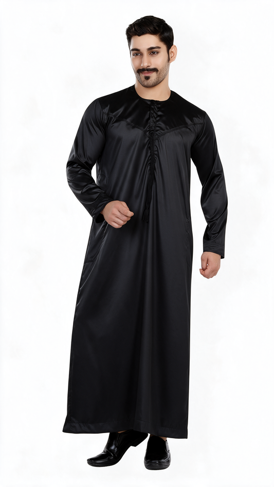 Indian Shiny Fabric Emirati Mens Omani Thobe - Full Sleeves - Black