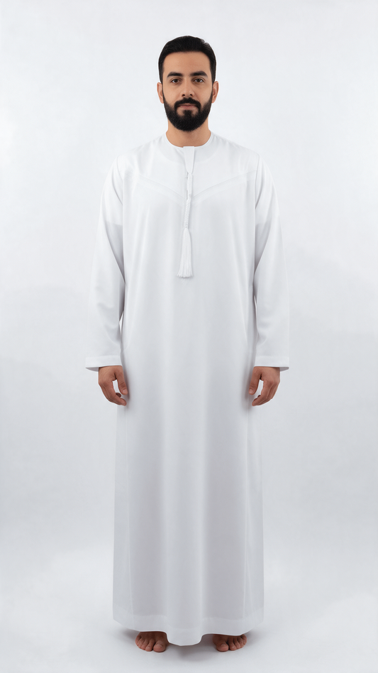 Emirati Mens Omani Thobe - (Embroidery Design 1) - White