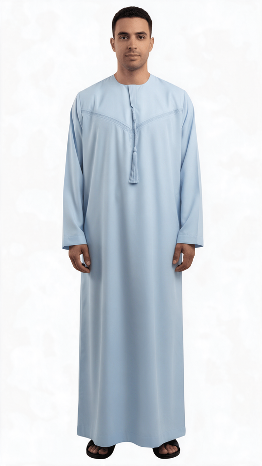 Emirati Mens Omani Thobe - (Embroidery Design 1) - Light Blue