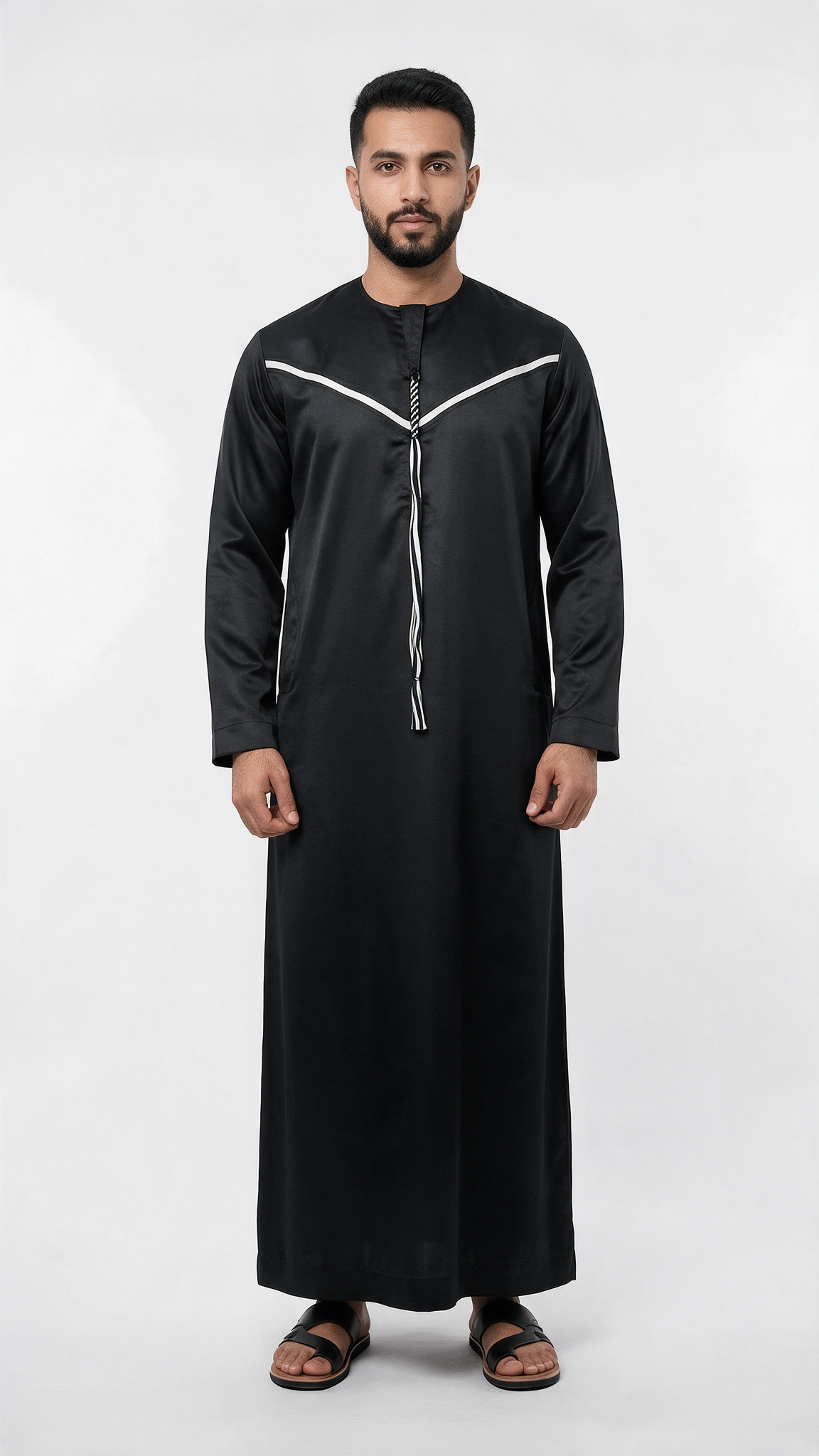 Emirati Mens Omani Thobe - Indian Shiny - Contrast embroidery - Black