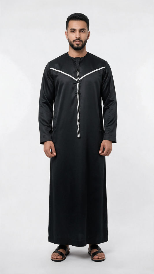 Emirati Mens Omani Thobe - Indian Shiny - Contrast embroidery - Black
