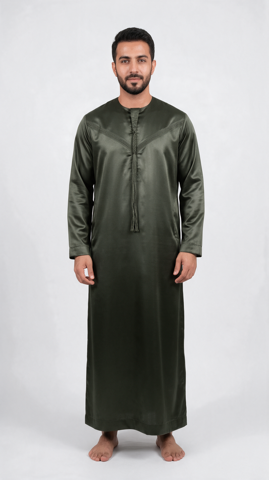 Emirati Mens Omani Thobe - Indian Shiny - Olive Green