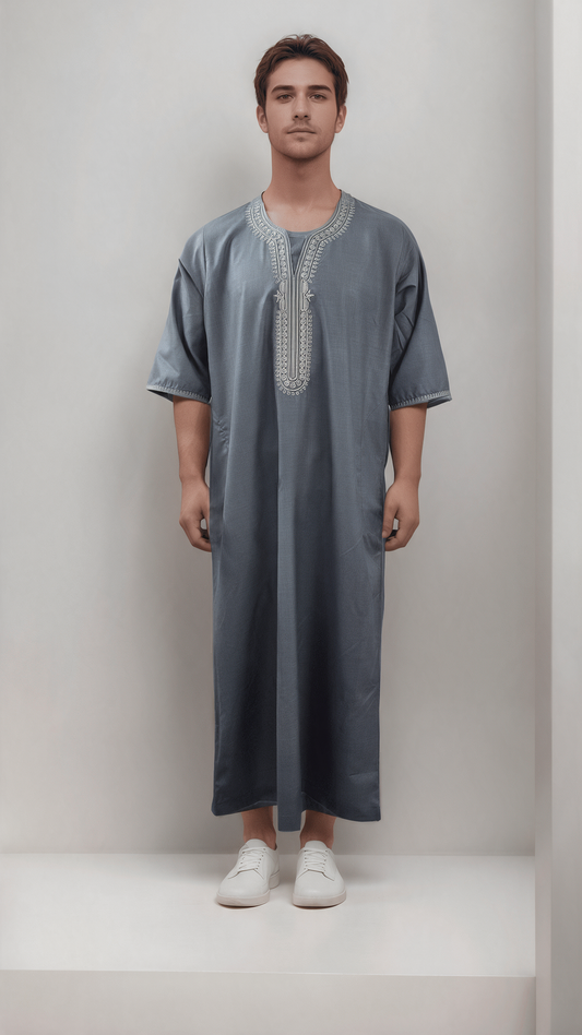 Moroccan Embroidery Mens Thobe - 3/4th Sleeves - Model 8 - IIJM8-2