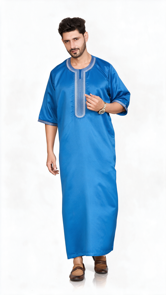 Indian Shiny Fabric Morocco Thobe - 3/4 Sleeves - Best - Royal Blue