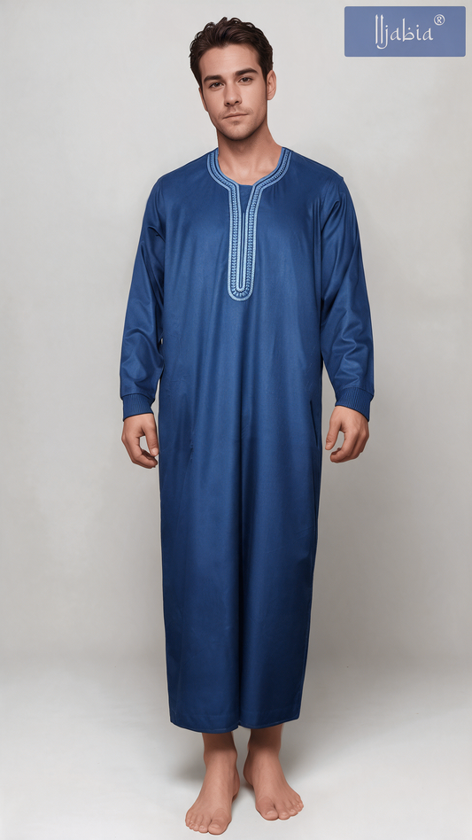 Moroccan Embroidery Mens Thobe - Full Sleeves - Blue