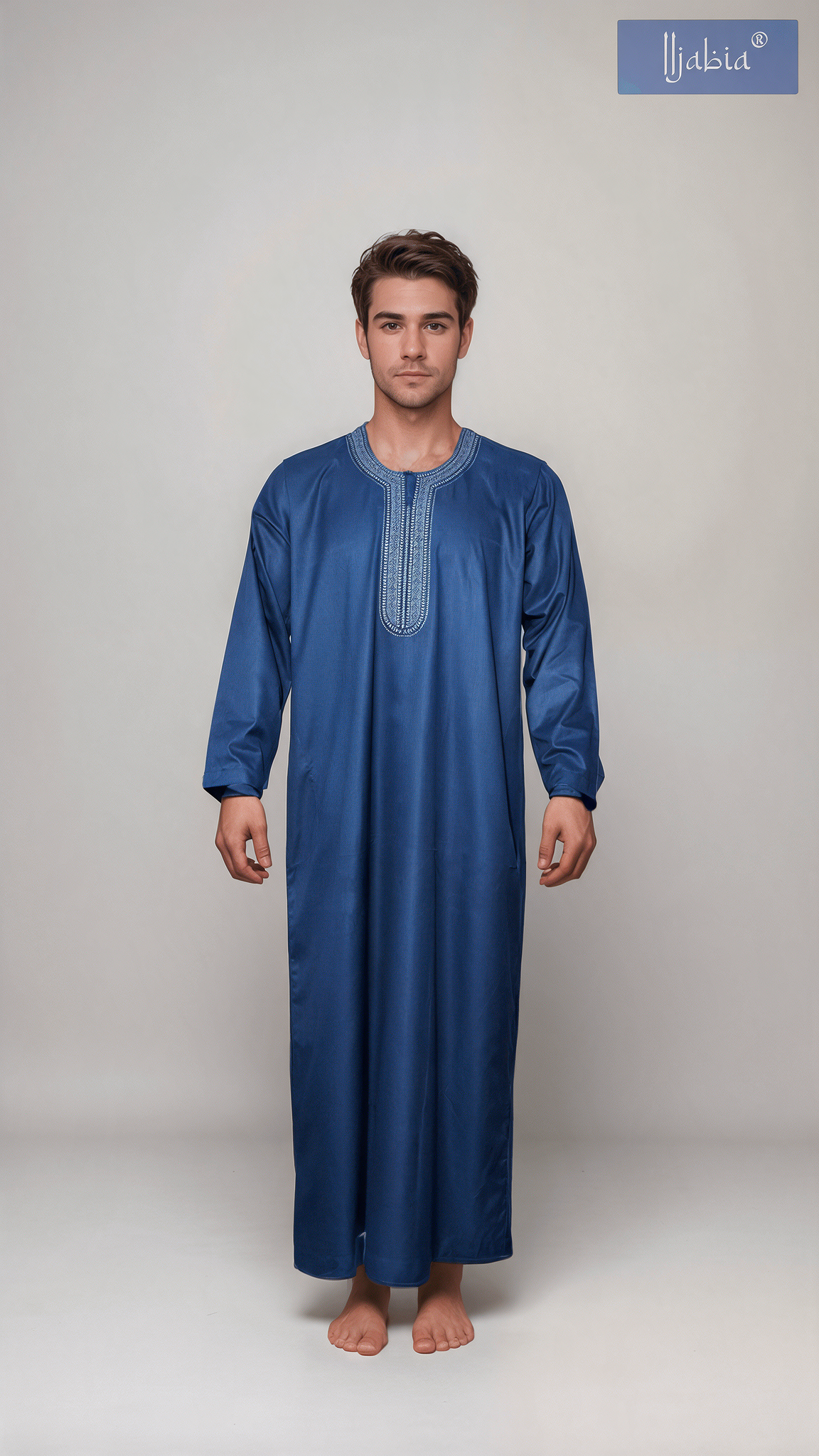 Moroccan Embroidery Mens Thobe - Full Sleeves - D2 - Blue