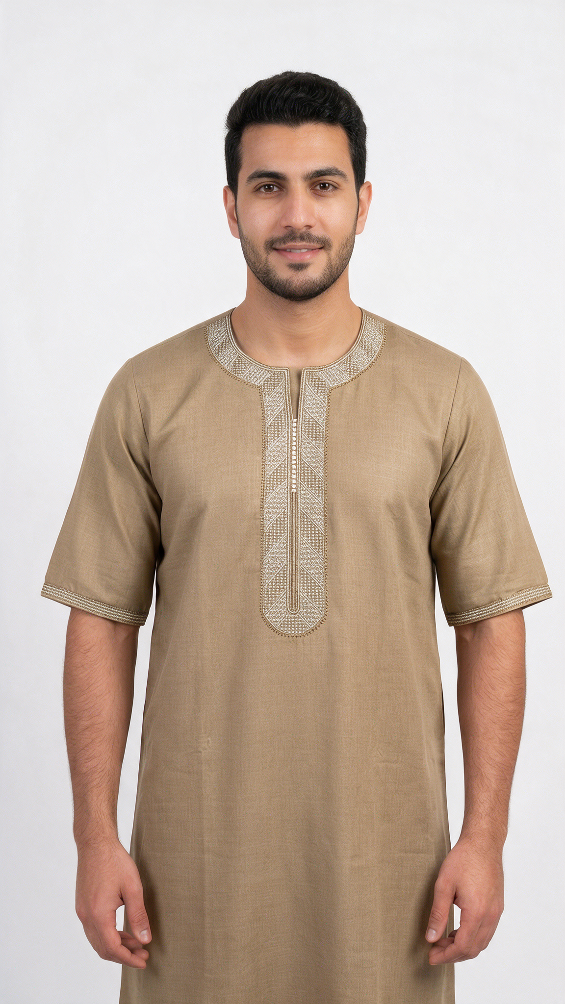 Moroccan Embroidery Mens Thobe - 3/4th Sleeve Beige