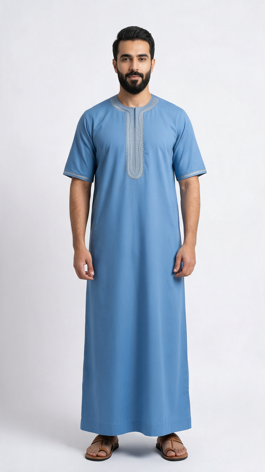 Moroccan Embroidery Mens Thobe - 3/4th Sleeve Sky Blue