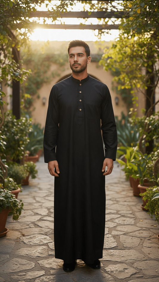 Saudi Collar Thobe - Premium TR Fabric - Black