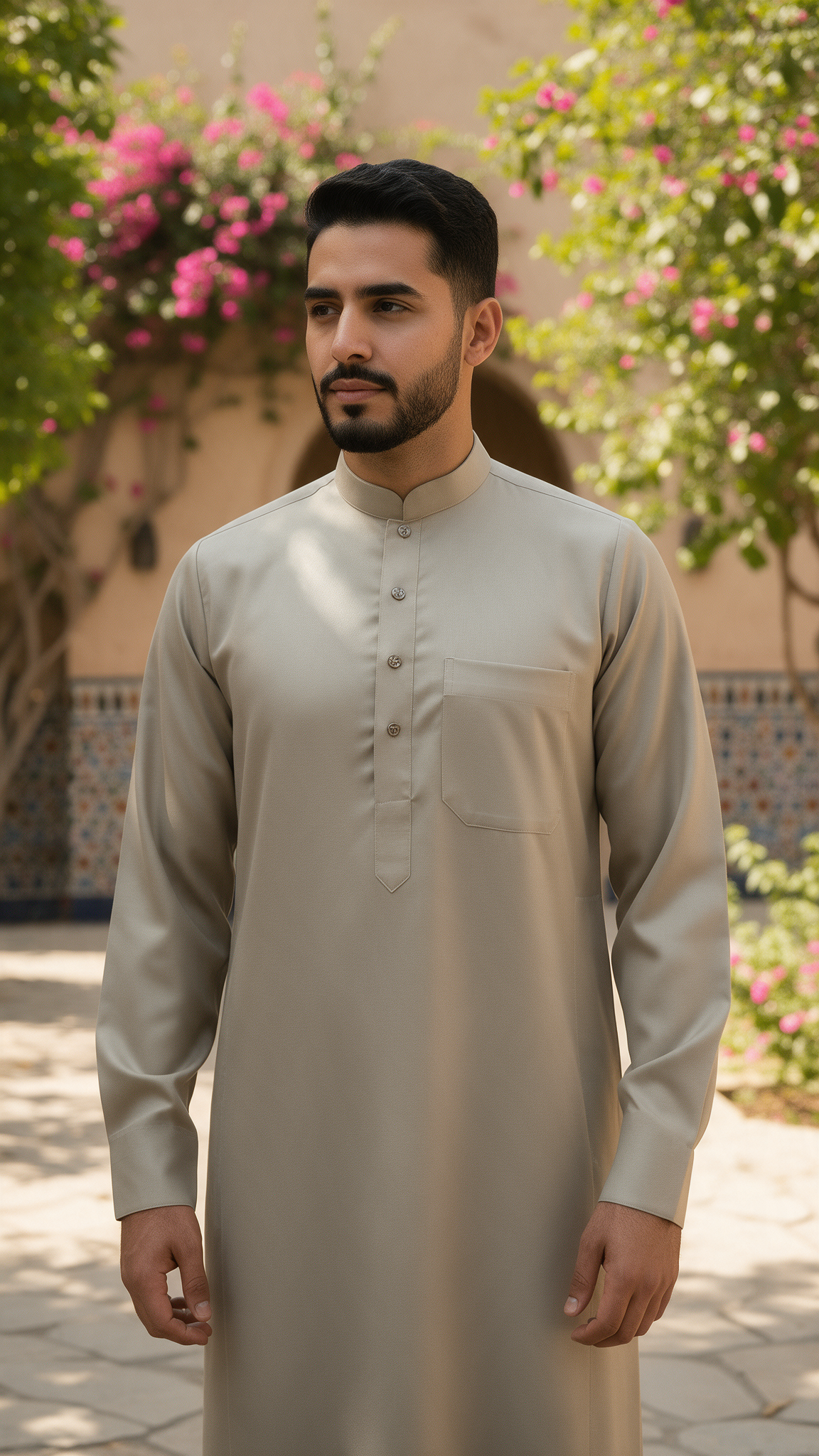 Saudi Collar Thobe - Premium TR Fabric - Beige