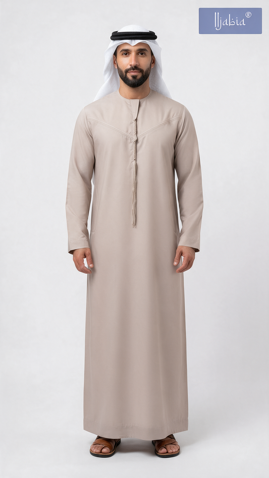 Emirati Mens Omani Thobe - (Embroidery Design 1) - Camel