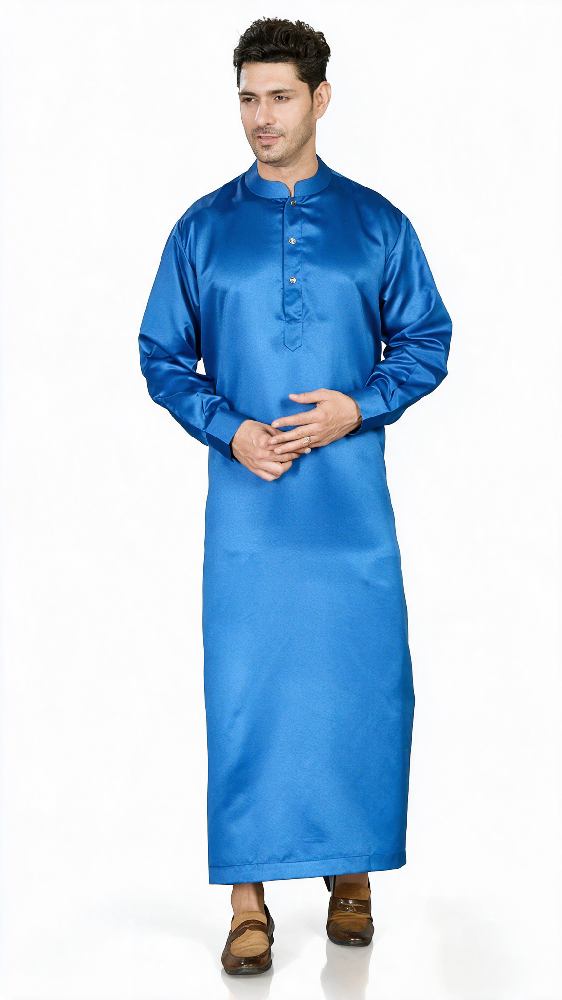 Full Sleeves Collar Men's Thobe with Buttons - Indian Shiny Fabric - Royal Blue