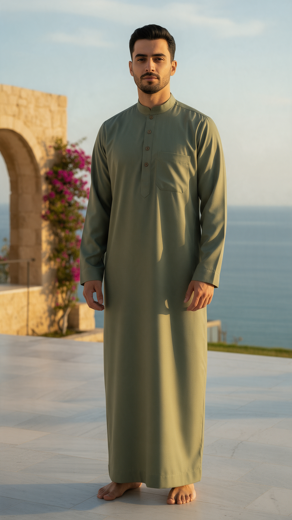 Saudi Collar Thobe - Premium TR Fabric - Pastel Green