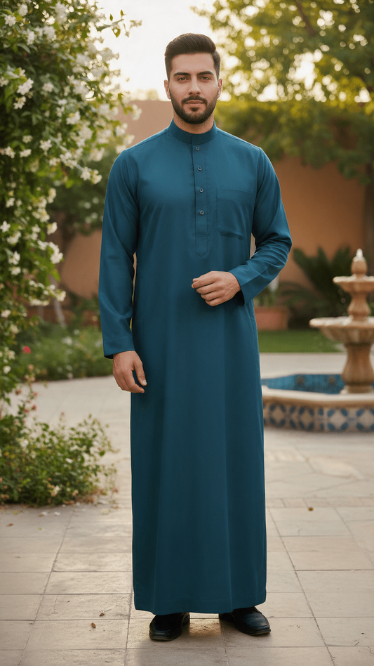 Saudi Collar Thobe - Premium TR Fabric - Peacock Blue